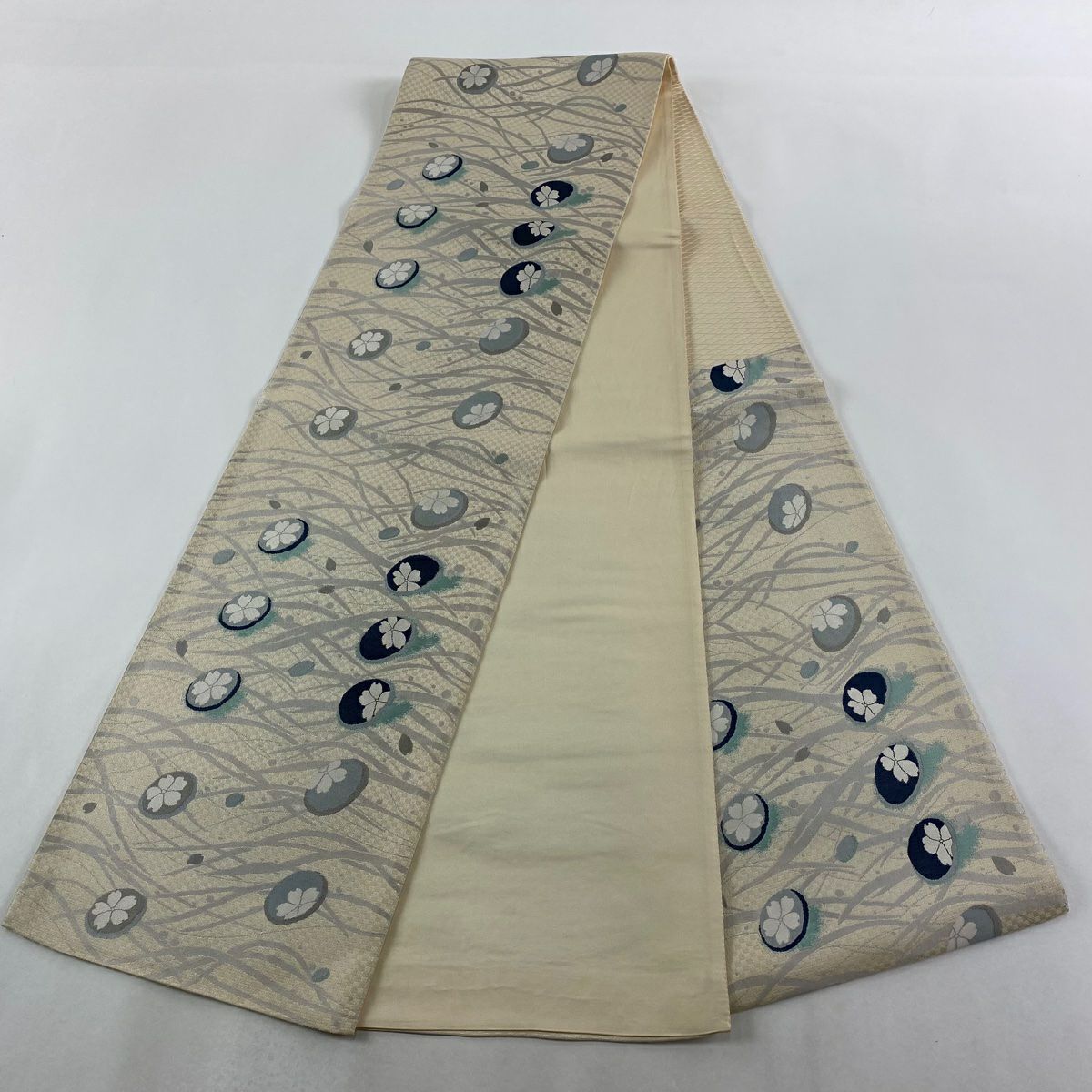【美品】 袋帶 秀品級 樱花 露芝 奶油 六通 純蠶絲