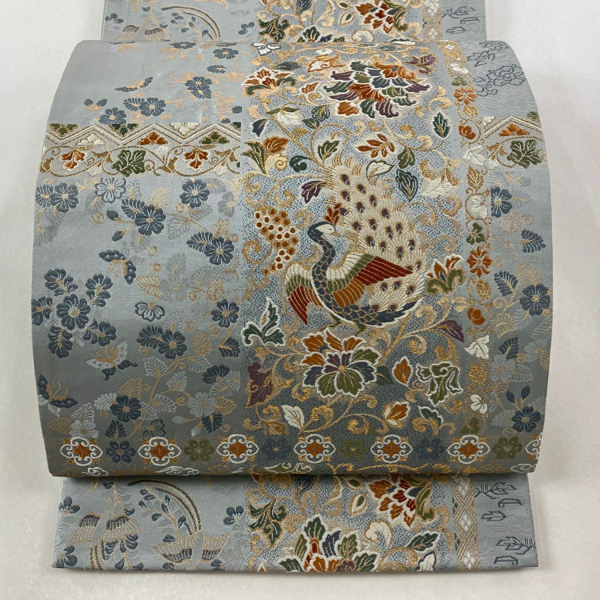 【美品】 袋帶 秀品級 孔雀 花唐草紋 金絲 金金箔 青灰 六通 純蠶絲