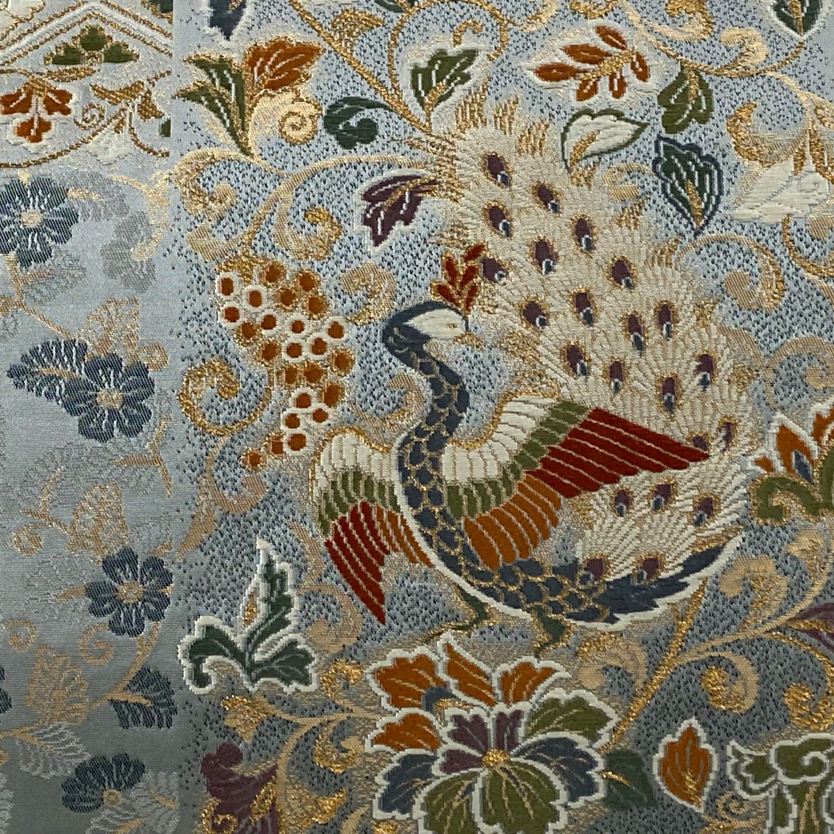 【美品】 袋帶 秀品級 孔雀 花唐草紋 金絲 金金箔 青灰 六通 純蠶絲
