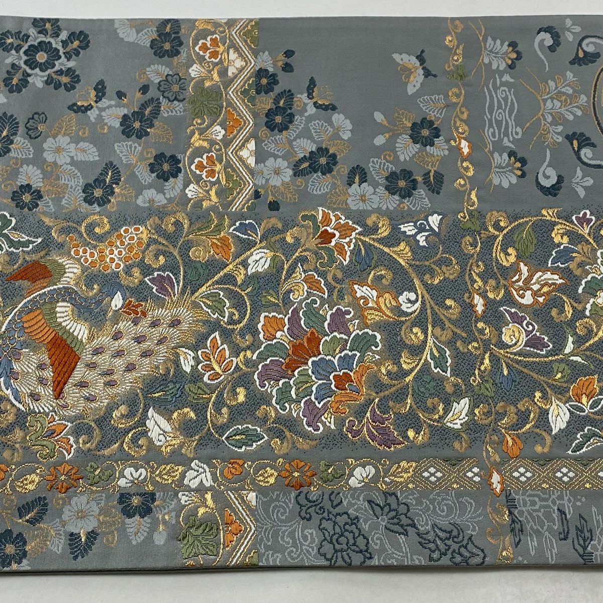 【美品】 袋帶 秀品級 孔雀 花唐草紋 金絲 金金箔 青灰 六通 純蠶絲