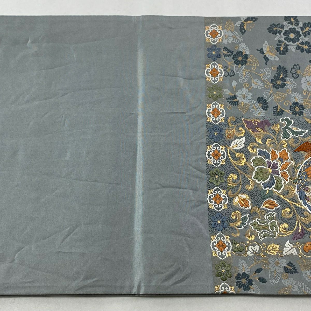 【美品】 袋帶 秀品級 孔雀 花唐草紋 金絲 金金箔 青灰 六通 純蠶絲