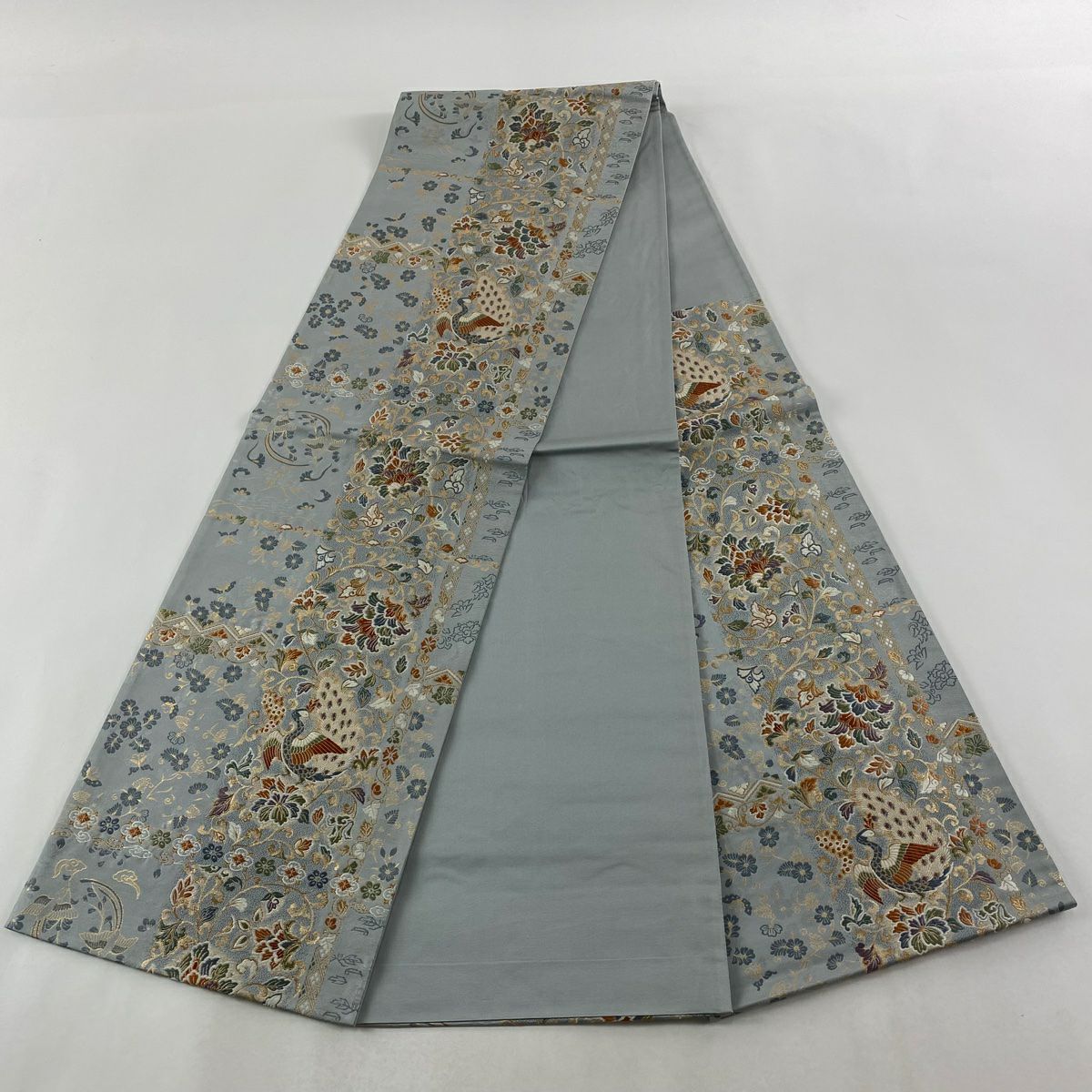 【美品】 袋帶 秀品級 孔雀 花唐草紋 金絲 金金箔 青灰 六通 純蠶絲