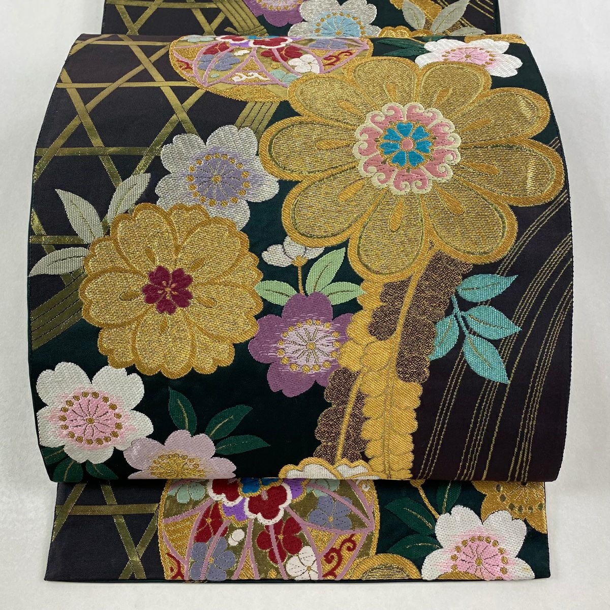 【美品】 袋帶 秀品級櫻花 鞠 金銀糸 金金箔 深綠 全通 純蠶絲