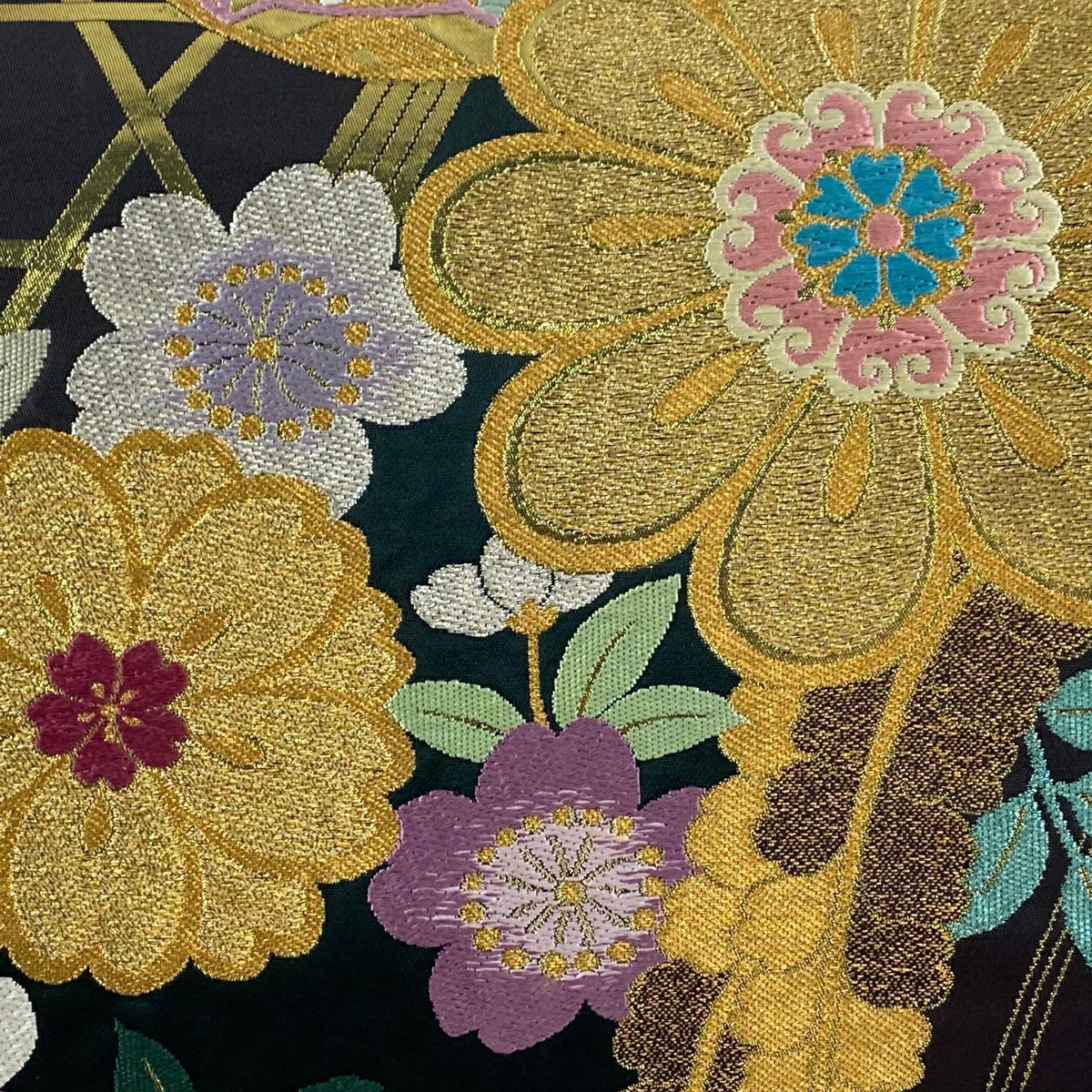 【美品】 袋帶 秀品級櫻花 鞠 金銀糸 金金箔 深綠 全通 純蠶絲