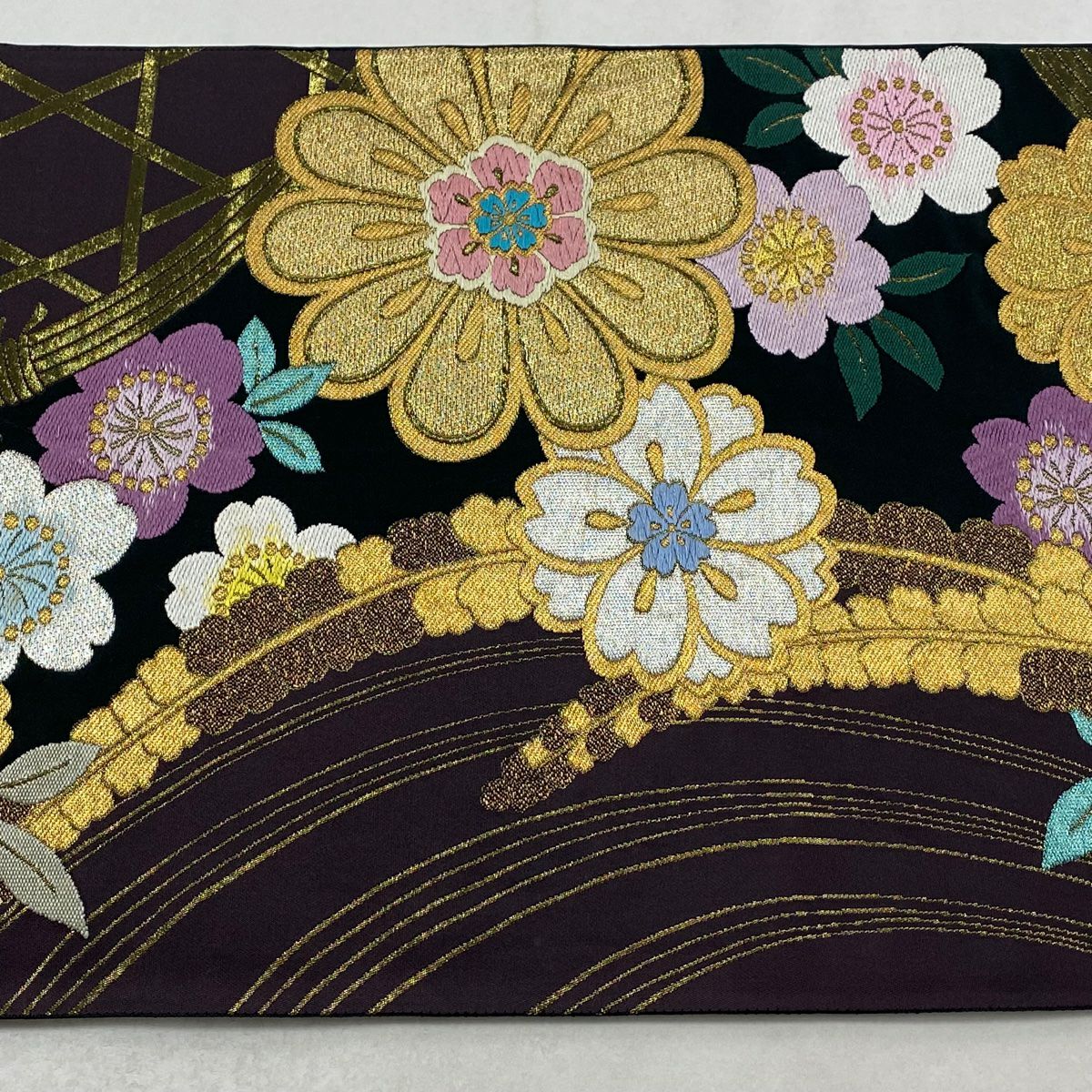 【美品】 袋帶 秀品級櫻花 鞠 金銀糸 金金箔 深綠 全通 純蠶絲