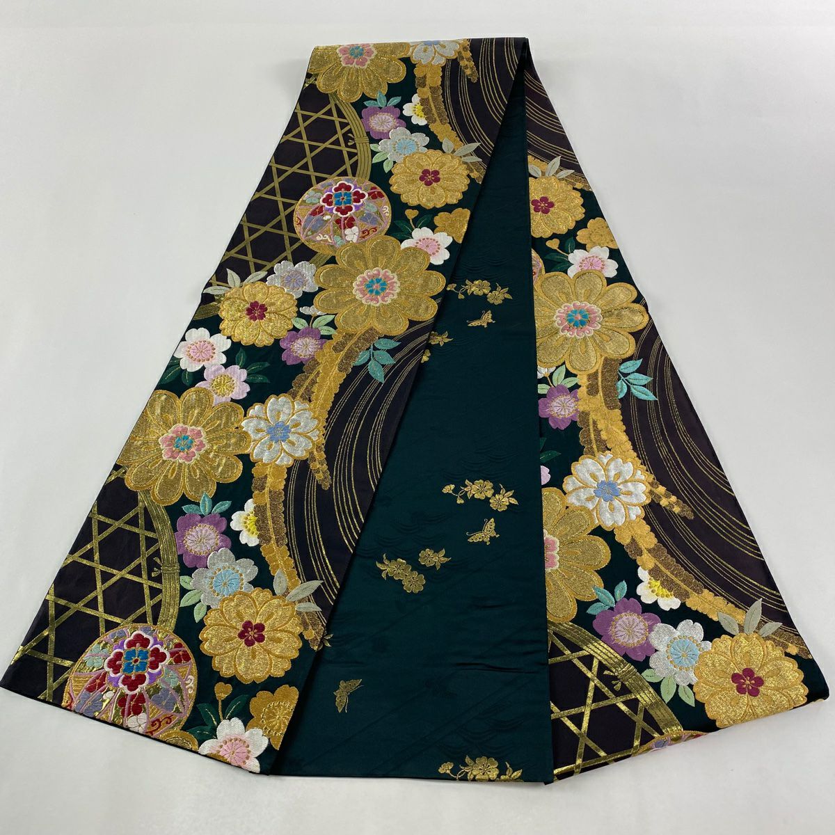 【美品】 袋帶 秀品級櫻花 鞠 金銀糸 金金箔 深綠 全通 純蠶絲