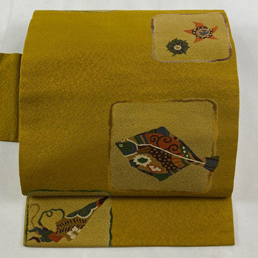 【美品】 名古屋帶 秀品級 魚 生物 黃土 純蠶絲