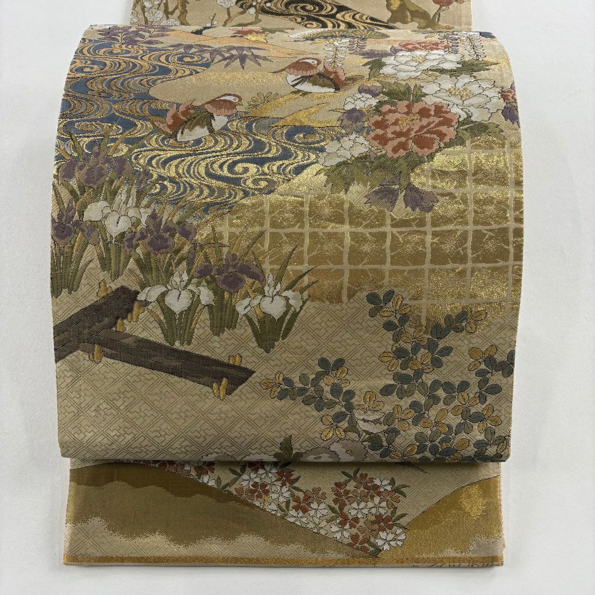 【美品】 袋帶 秀品級 鴛鴦 草花紋紋 金金箔 金絲 米色 大鼓圖案 純蠶絲