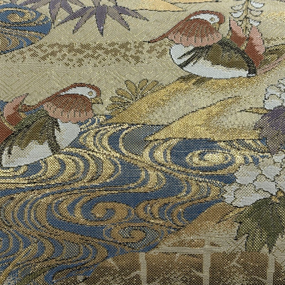 【美品】 袋帶 秀品級 鴛鴦 草花紋紋 金金箔 金絲 米色 大鼓圖案 純蠶絲