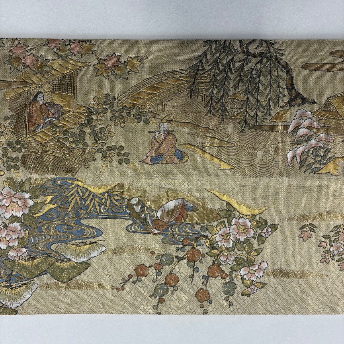 【美品】 袋帶 秀品級 鴛鴦 草花紋紋 金金箔 金絲 米色 大鼓圖案 純蠶絲