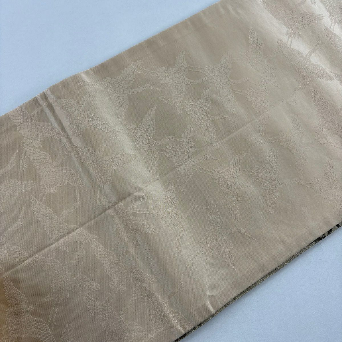 【美品】 袋帶 秀品級 鴛鴦 草花紋紋 金金箔 金絲 米色 大鼓圖案 純蠶絲
