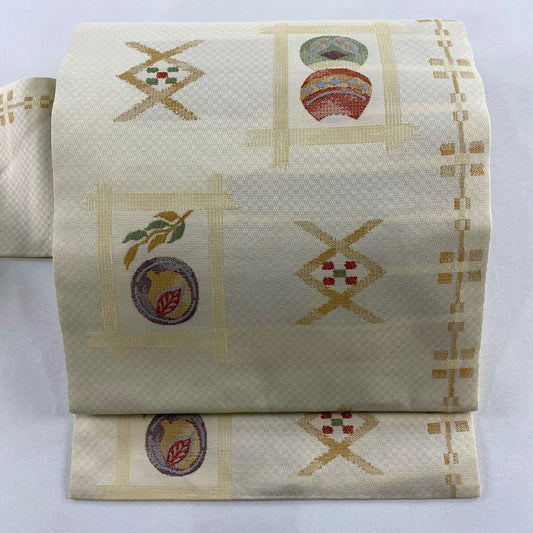 【美品】名古屋帶 秀品級 葉 幾何學 奶油色 純蠶絲