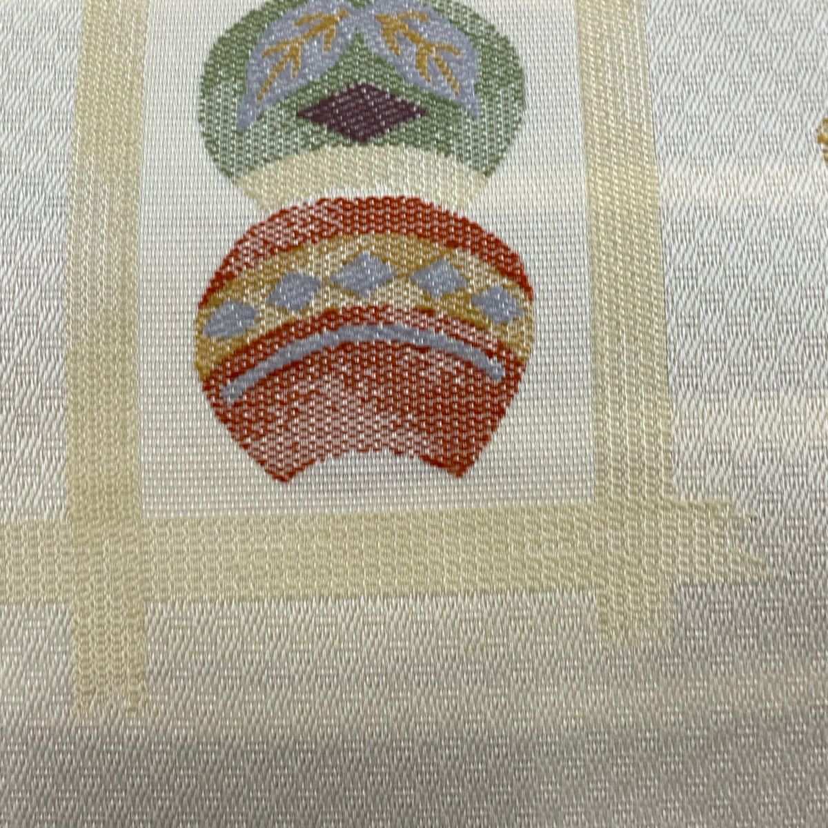【美品】名古屋帶 秀品級 葉 幾何學 奶油色 純蠶絲