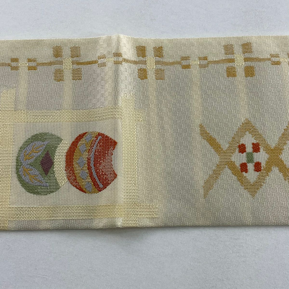 【美品】名古屋帶 秀品級 葉 幾何學 奶油色 純蠶絲