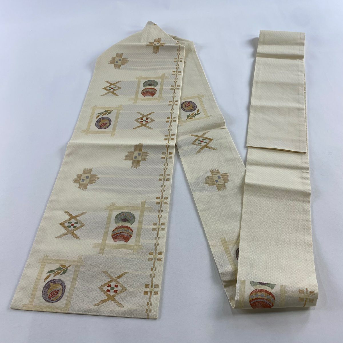【美品】名古屋帶 秀品級 葉 幾何學 奶油色 純蠶絲