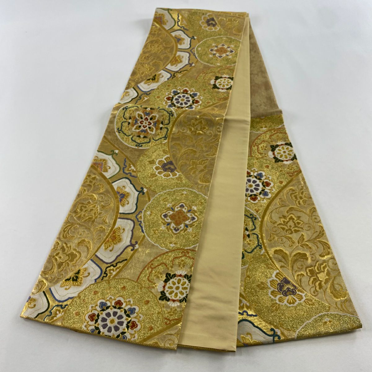 【美品】 袋帶 秀品級 華紋 花唐草紋 金絲 金金箔 金 六通 純蠶絲