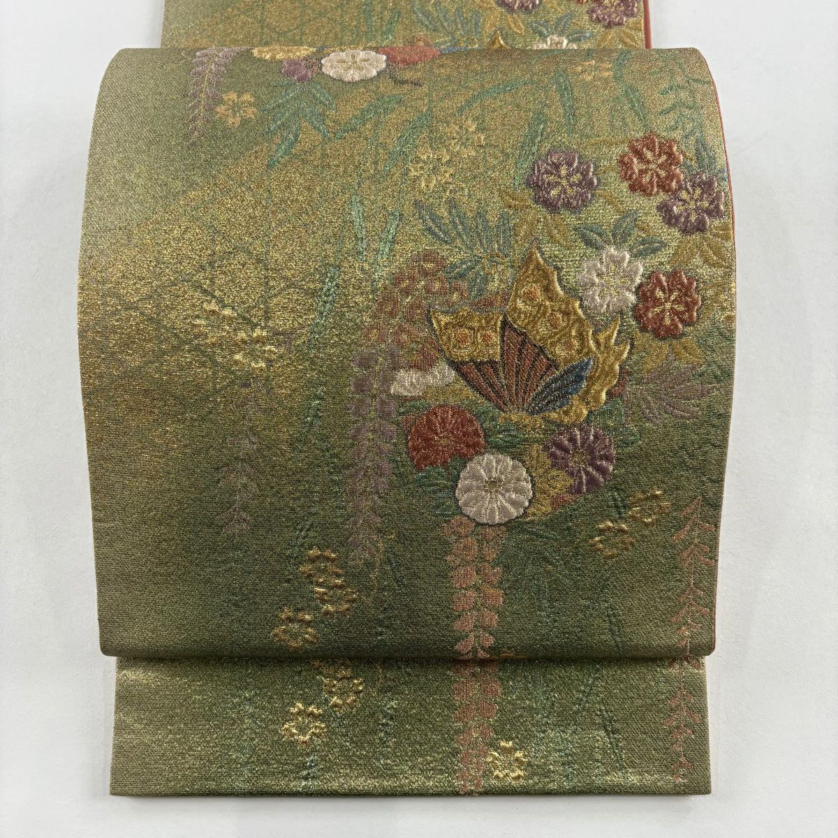 【美品】 袋帶 秀品級 蝶 草花紋 金金箔 金絲 黃綠 深色 六通 純蠶絲