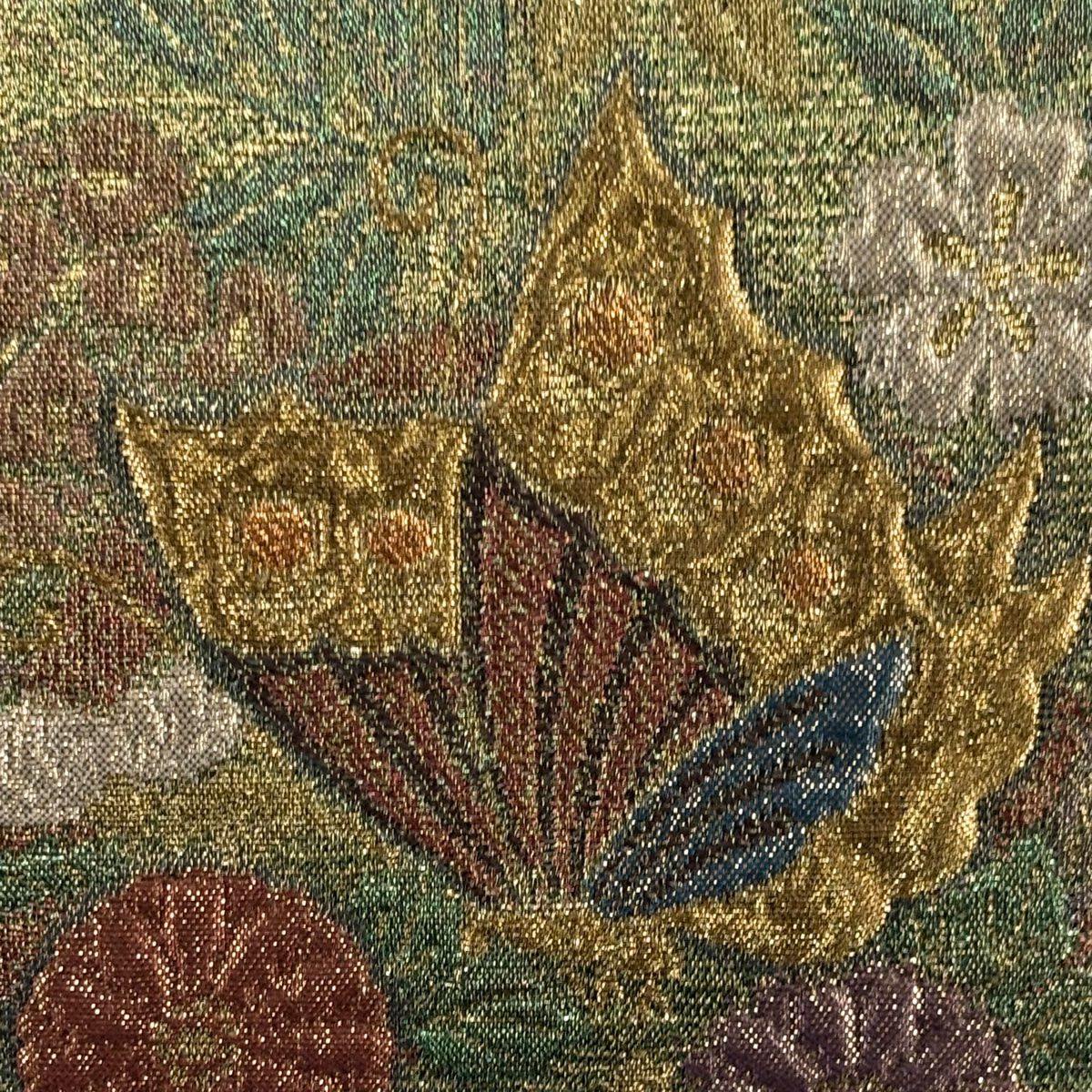 【美品】 袋帶 秀品級 蝶 草花紋 金金箔 金絲 黃綠 深色 六通 純蠶絲