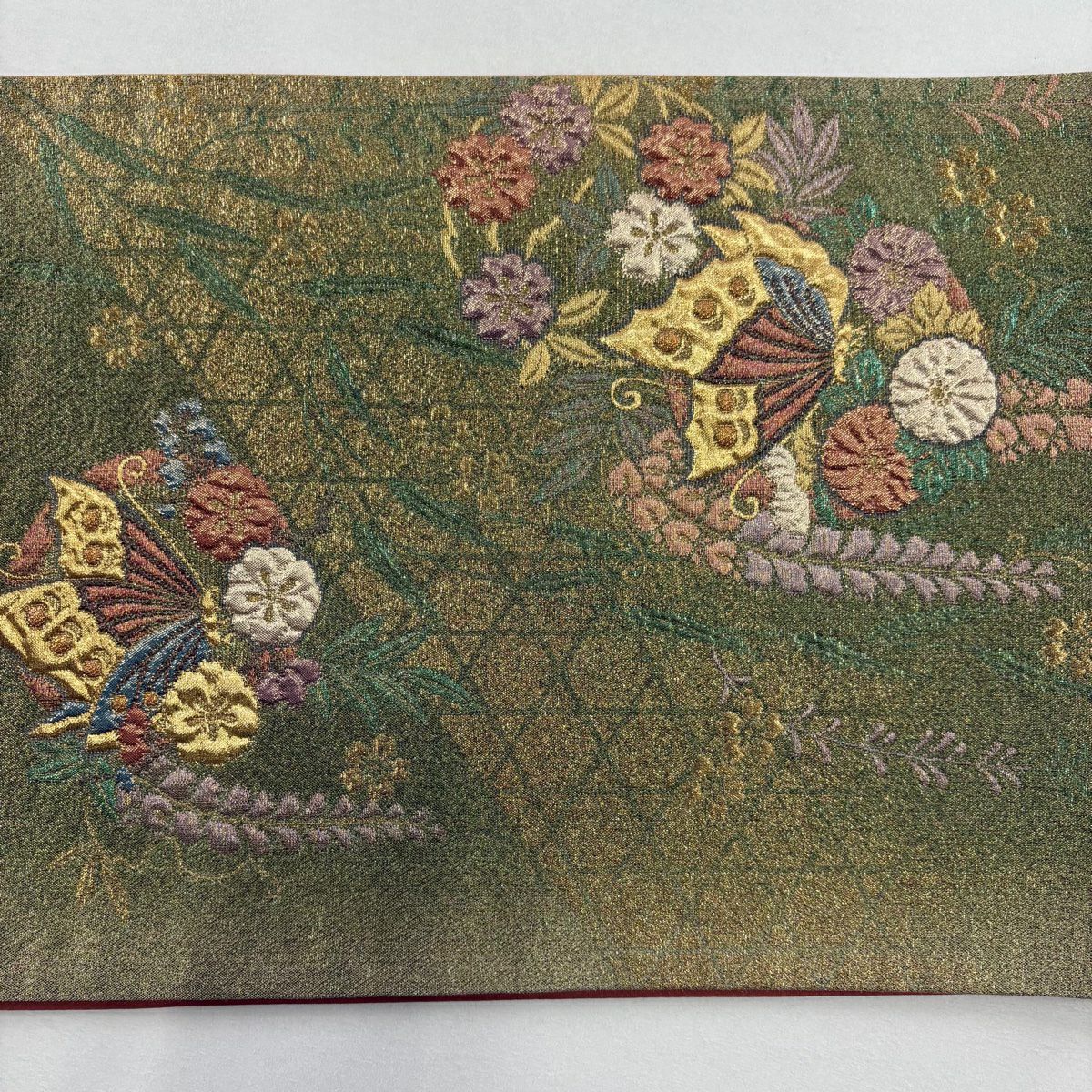 【美品】 袋帶 秀品級 蝶 草花紋 金金箔 金絲 黃綠 深色 六通 純蠶絲