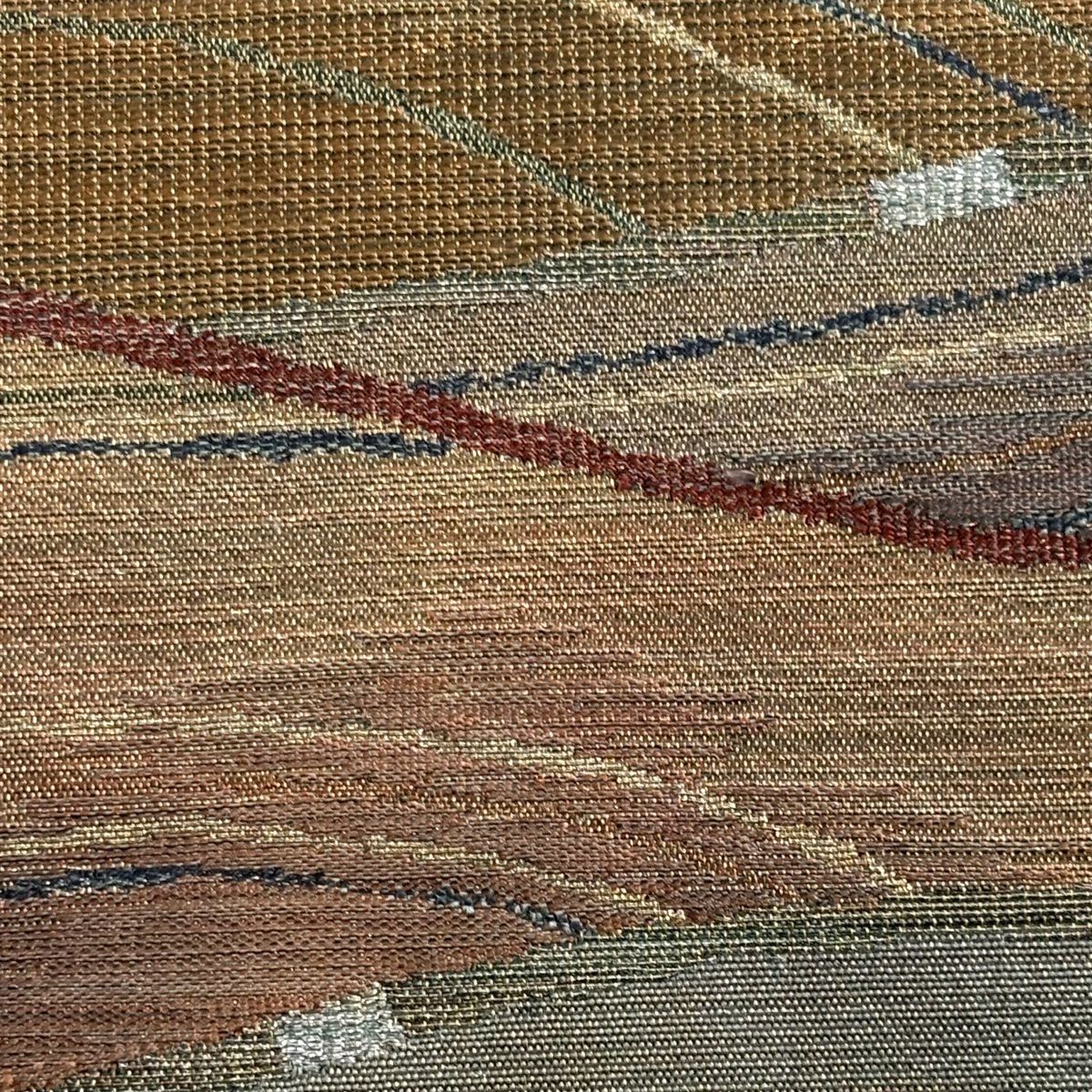 【美品】 袋帶 秀品級 落款あり 波 幾何學 金銀線 綠色 お太鼓柄 純蠶絲