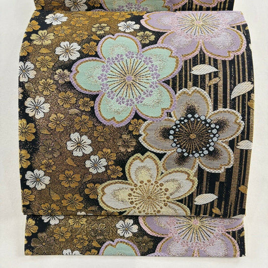 【美品】 袋帶 優品級 振袖禮服禮服用 櫻花 條紋 金絲 金金箔 黑色 六通 純蠶絲
