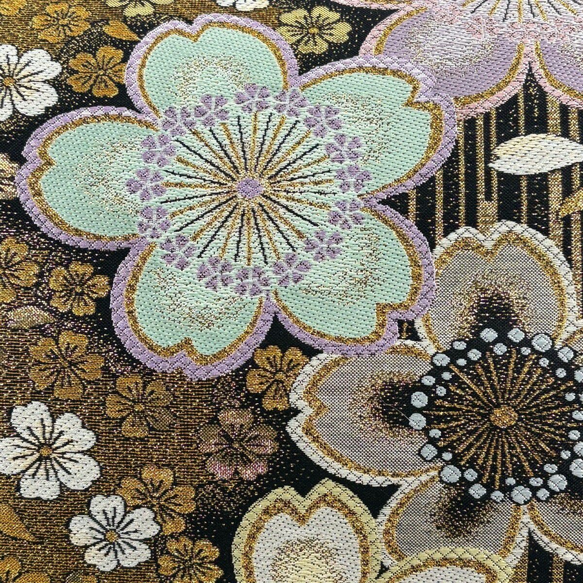【美品】 袋帶 優品級 振袖禮服禮服用 櫻花 條紋 金絲 金金箔 黑色 六通 純蠶絲