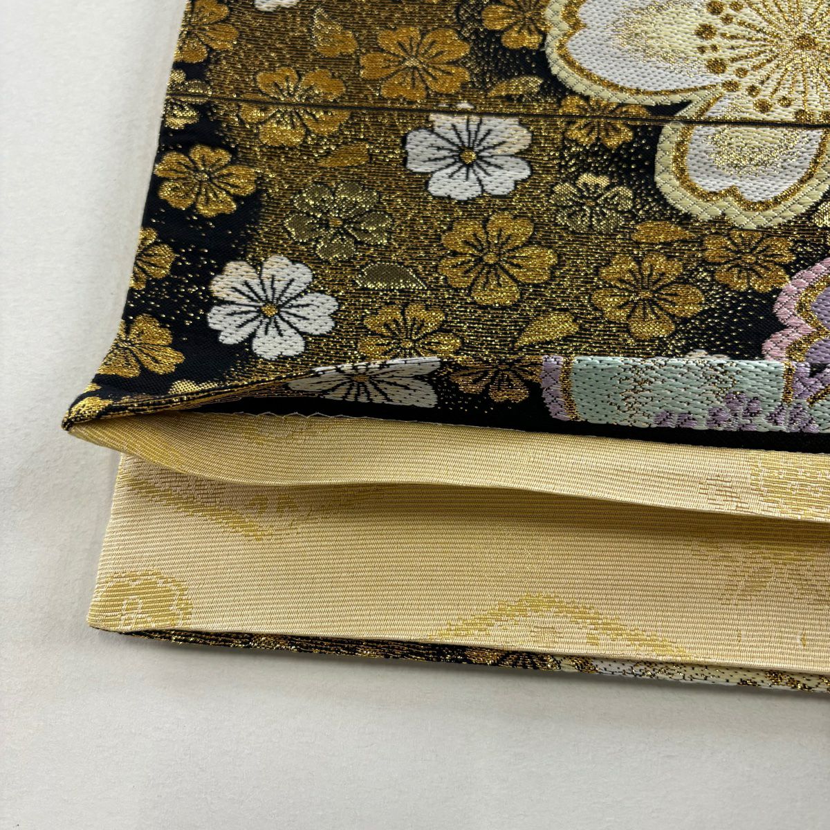 【美品】 袋帶 優品級 振袖禮服禮服用 櫻花 條紋 金絲 金金箔 黑色 六通 純蠶絲