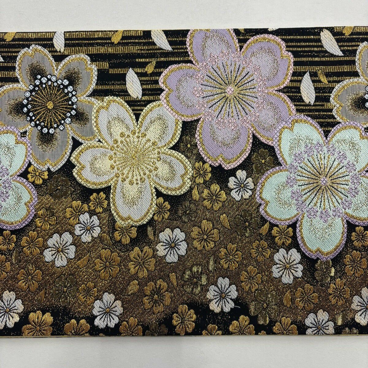 【美品】 袋帶 優品級 振袖禮服禮服用 櫻花 條紋 金絲 金金箔 黑色 六通 純蠶絲