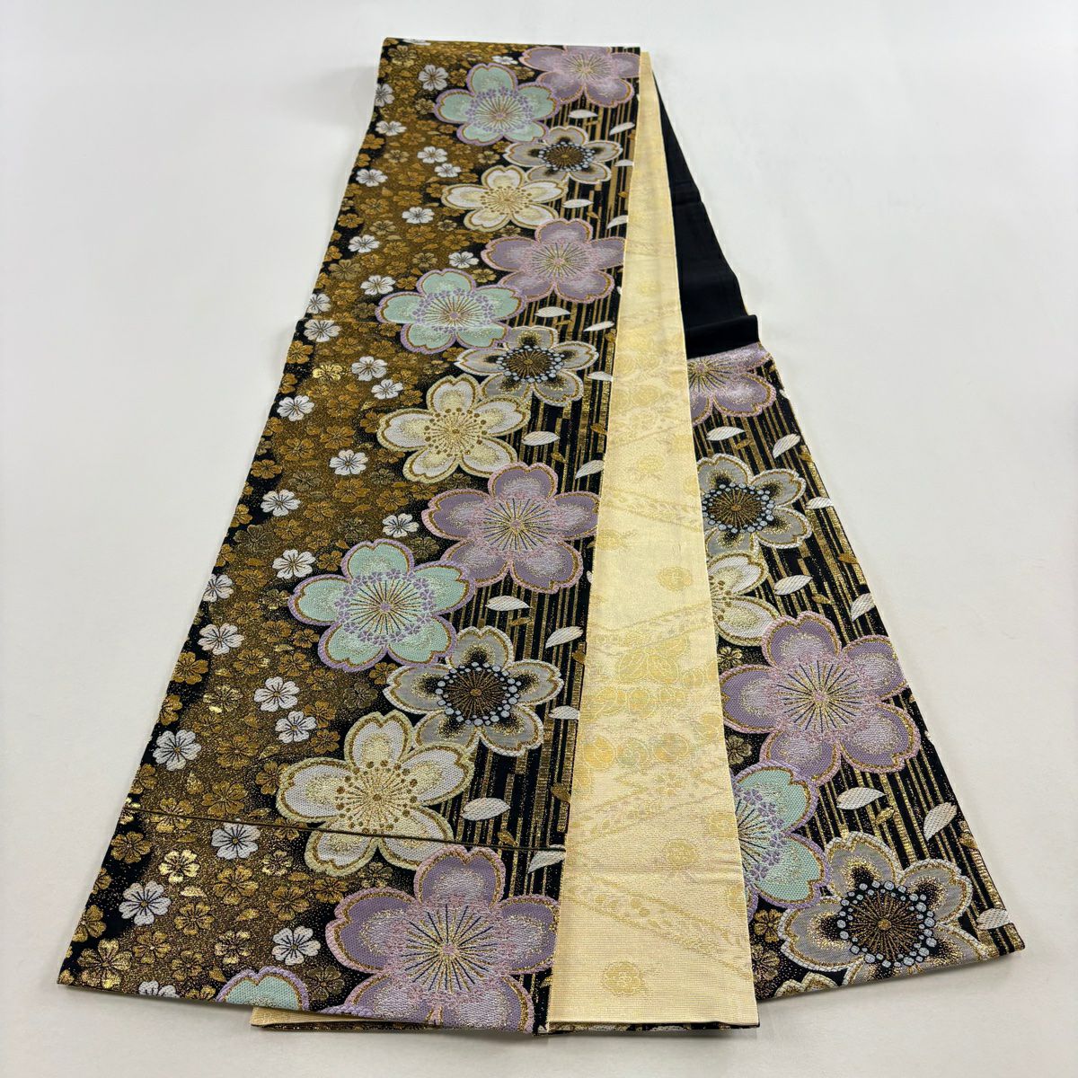 【美品】 袋帶 優品級 振袖禮服禮服用 櫻花 條紋 金絲 金金箔 黑色 六通 純蠶絲