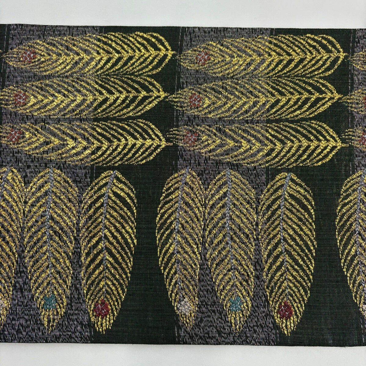 【美品】 袋帶 名品級 羽根 橫段 金金箔 深綠 六通 純蠶絲