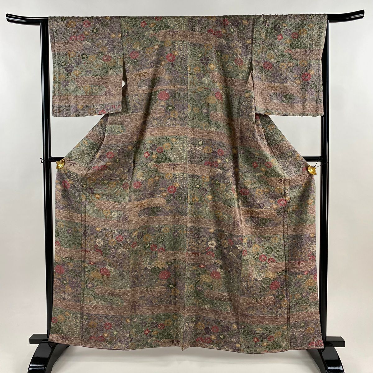 【美品】訪問服 身長162cm 袖長66cm M 雙層 草花紋紋 淡紫 絞染 純蠶絲 優品級