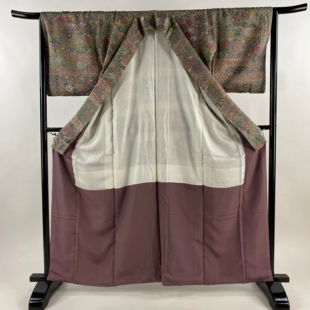 【美品】訪問服 身長162cm 袖長66cm M 雙層 草花紋紋 淡紫 絞染 純蠶絲 優品級