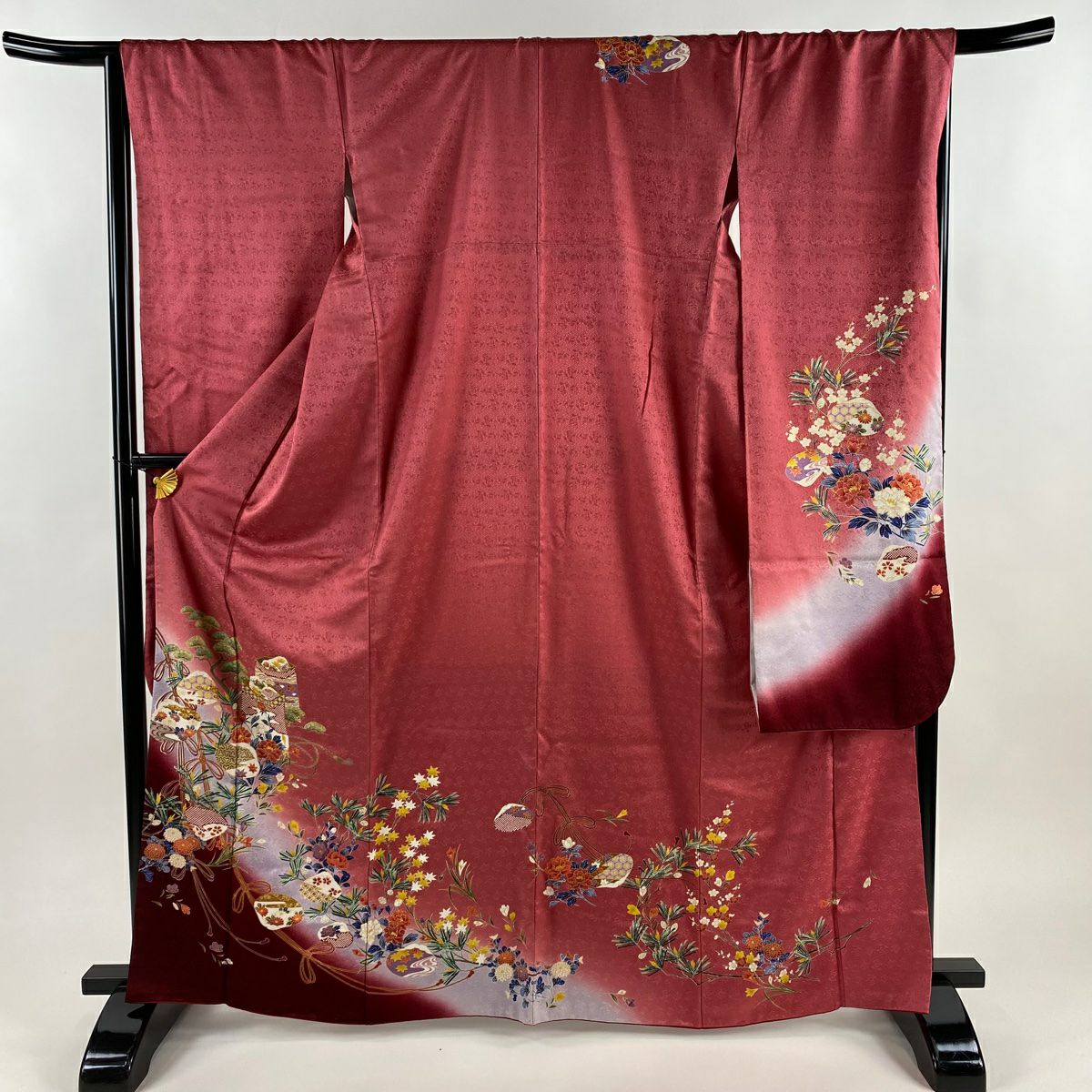 【美品】振袖禮服 身長165cm 袖長67.5cm L 雙層 草花紋紋 貝桶 金銀彩 漸層 深粉色 純蠶絲 優品級