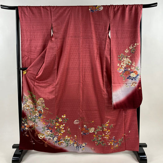 【美品】振袖禮服 身長165cm 袖長67.5cm L 雙層 草花紋紋 貝桶 金銀彩 漸層 深粉色 純蠶絲 優品級