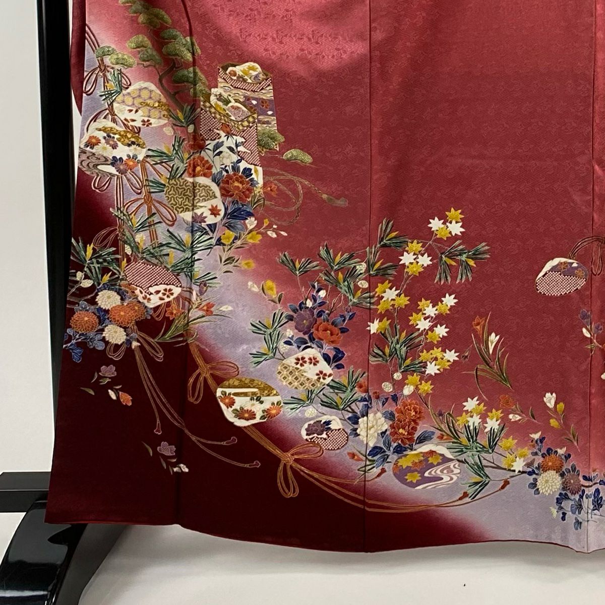 【美品】振袖禮服 身長165cm 袖長67.5cm L 雙層 草花紋紋 貝桶 金銀彩 漸層 深粉色 純蠶絲 優品級