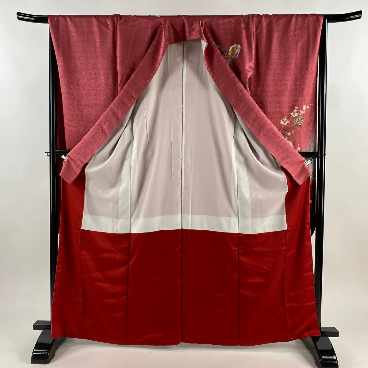 【美品】振袖禮服 身長165cm 袖長67.5cm L 雙層 草花紋紋 貝桶 金銀彩 漸層 深粉色 純蠶絲 優品級