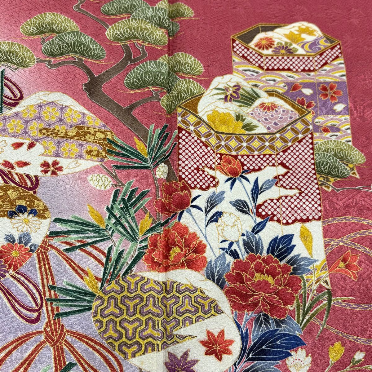 【美品】振袖禮服 身長165cm 袖長67.5cm L 雙層 草花紋紋 貝桶 金銀彩 漸層 深粉色 純蠶絲 優品級