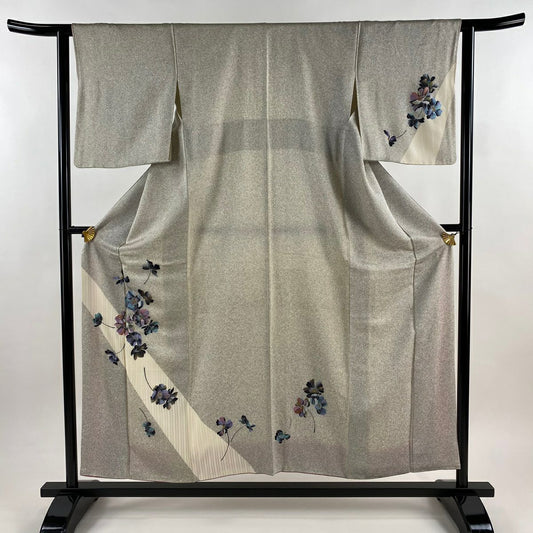 付下 身長153cm 袖長62.5cm S 雙層 草花紋紋 縞紋 拉麵 灰白 純蠶絲 優品級