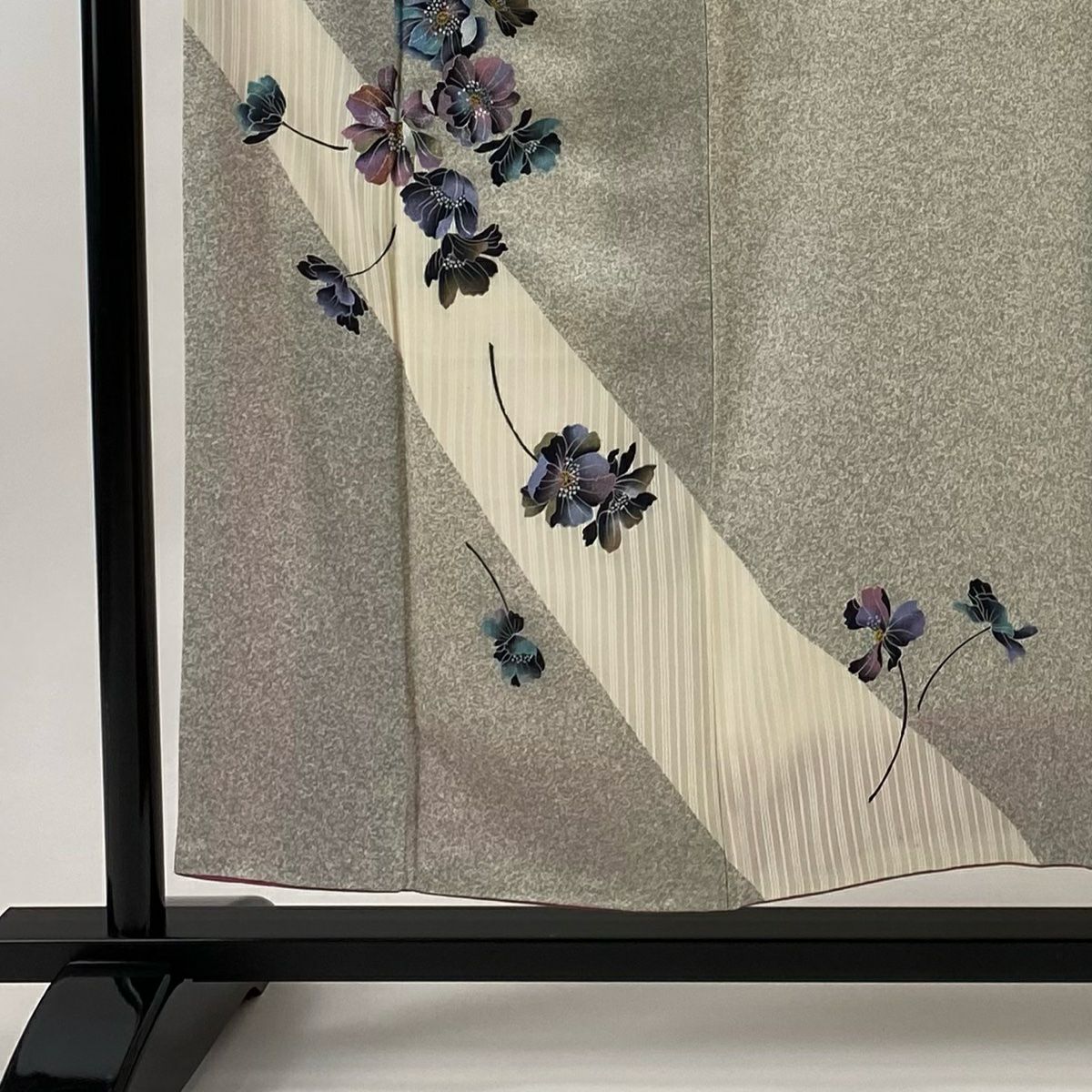 付下 身長153cm 袖長62.5cm S 雙層 草花紋紋 縞紋 拉麵 灰白 純蠶絲 優品級