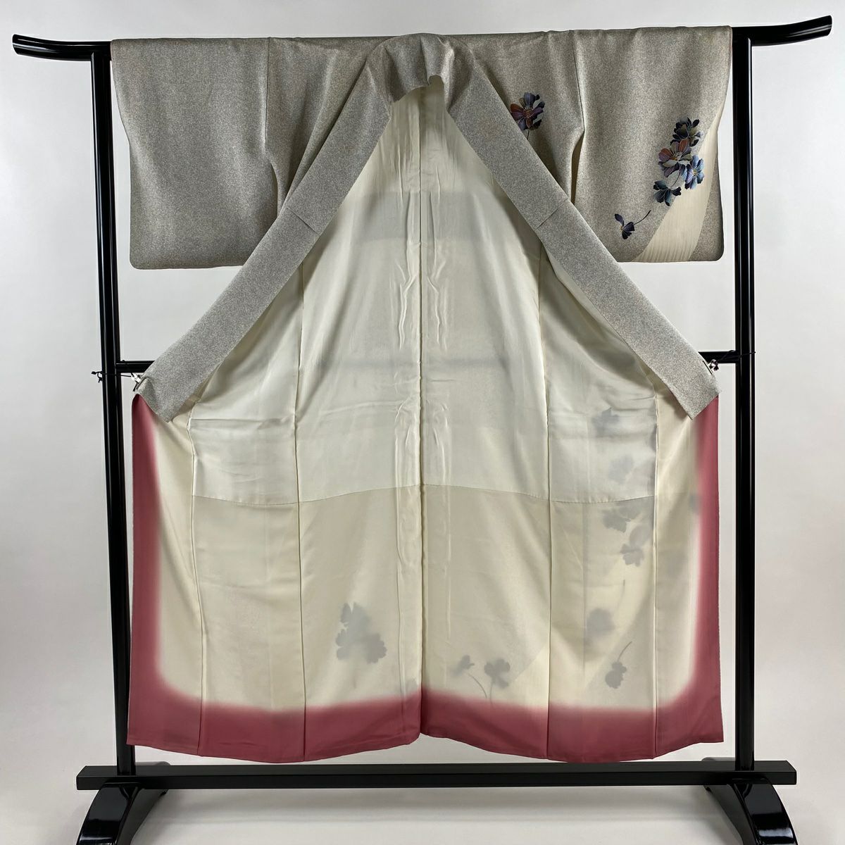 付下 身長153cm 袖長62.5cm S 雙層 草花紋紋 縞紋 拉麵 灰白 純蠶絲 優品級
