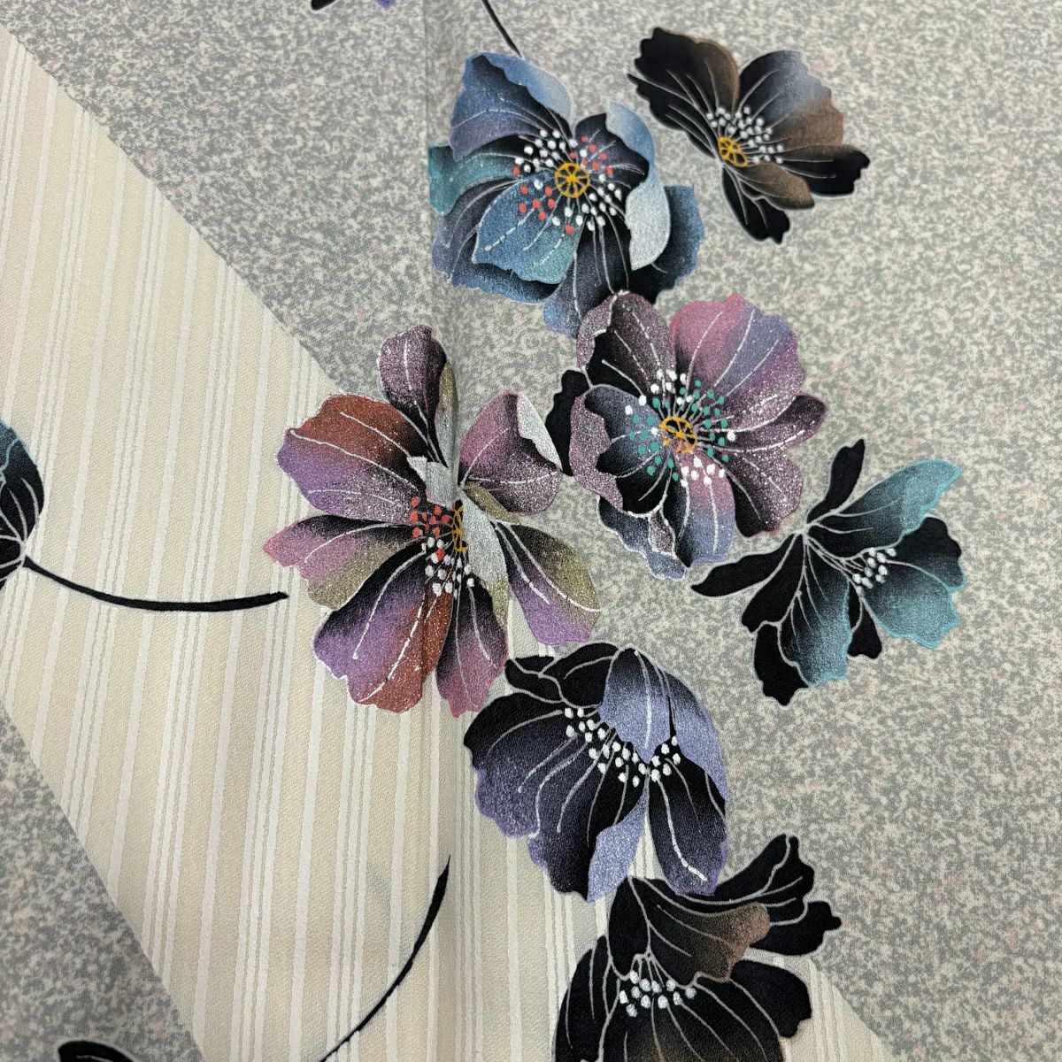 付下 身長153cm 袖長62.5cm S 雙層 草花紋紋 縞紋 拉麵 灰白 純蠶絲 優品級