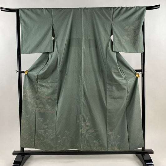 【美品】訪問服 身長157cm 袖長66cm M 雙層 紬織織 草花紋紋 ヱ霞 灰綠 純蠶絲 秀品級
