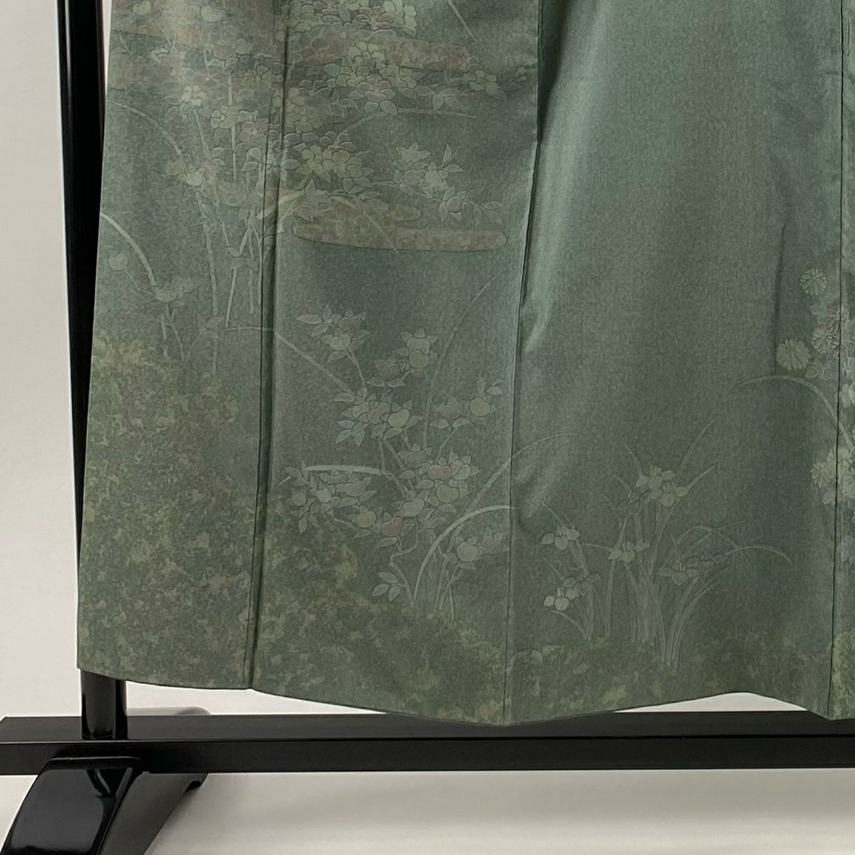 【美品】訪問服 身長157cm 袖長66cm M 雙層 紬織織 草花紋紋 ヱ霞 灰綠 純蠶絲 秀品級