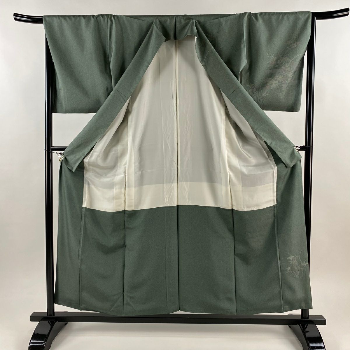 【美品】訪問服 身長157cm 袖長66cm M 雙層 紬織織 草花紋紋 ヱ霞 灰綠 純蠶絲 秀品級