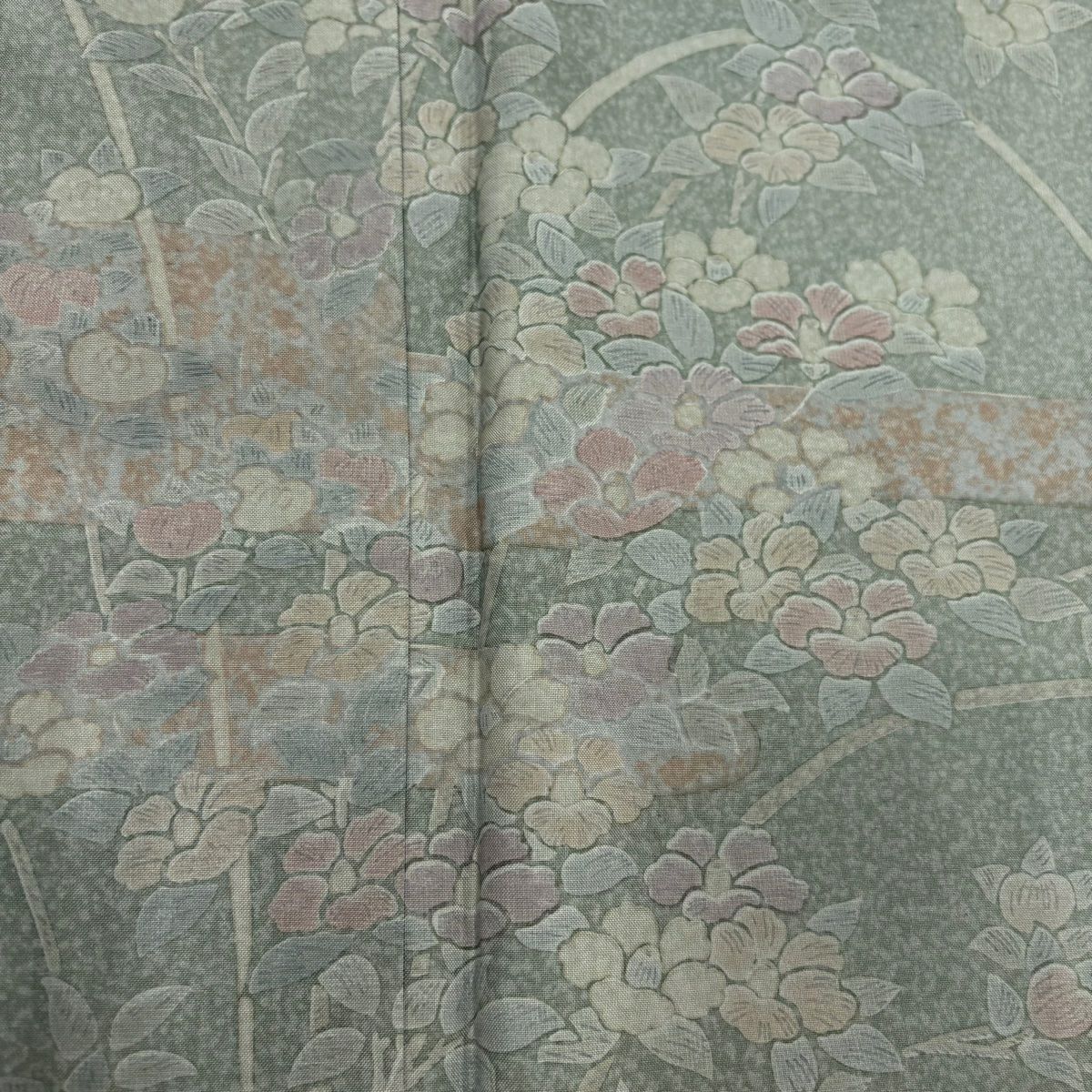 【美品】訪問服 身長157cm 袖長66cm M 雙層 紬織織 草花紋紋 ヱ霞 灰綠 純蠶絲 秀品級