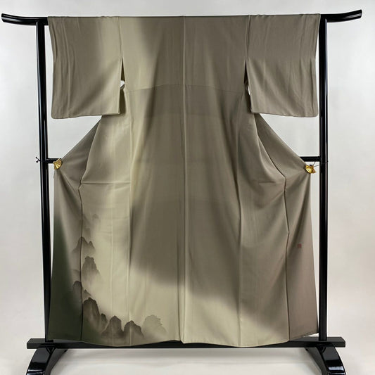 付下 身長158cm 袖長62cm S 雙層 落款あり 岩山 漸層 灰茶 純蠶絲 優品級
