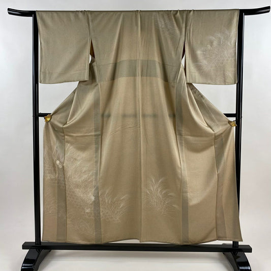 付下 身長157cm 袖長65.5cm M 單層 龜甲 草花紋刺繡 金彩裝飾 淺茶 純蠶絲 優品級