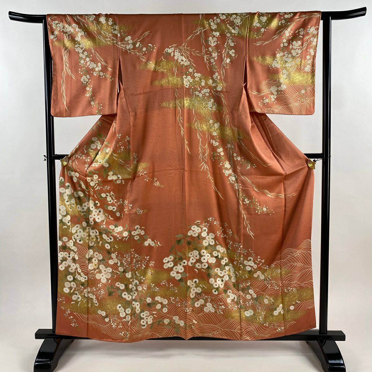 【美品】訪問服 身長160cm 袖長64.5cm M 雙層 秋草 波 金絲 金銀彩 鮭粉色 純蠶絲 秀品級