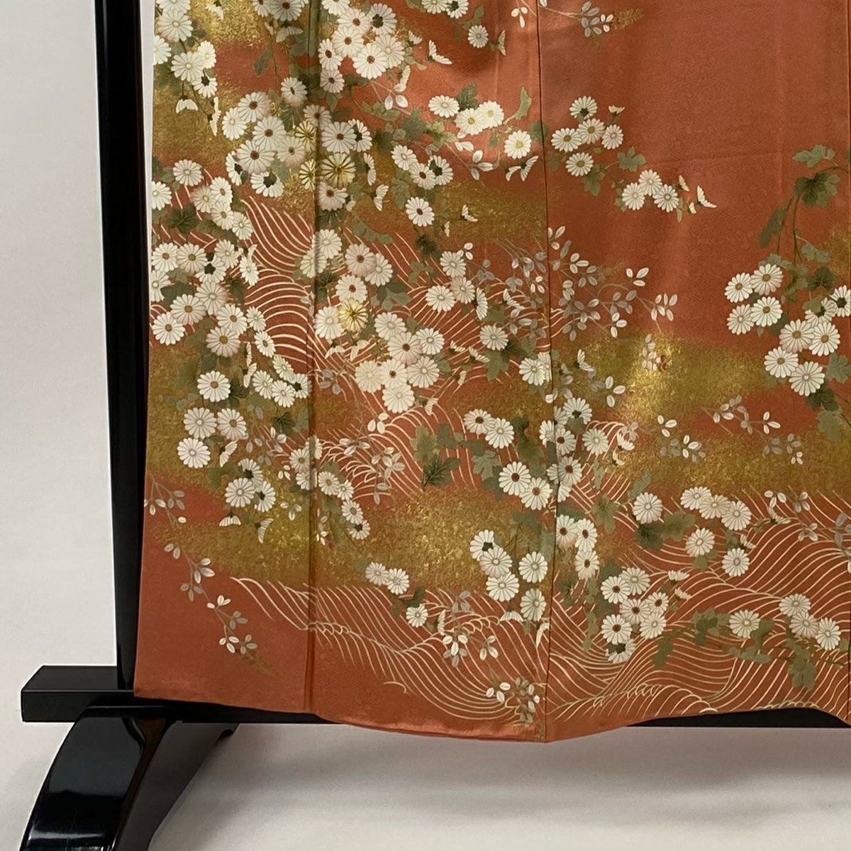 【美品】訪問服 身長160cm 袖長64.5cm M 雙層 秋草 波 金絲 金銀彩 鮭粉色 純蠶絲 秀品級