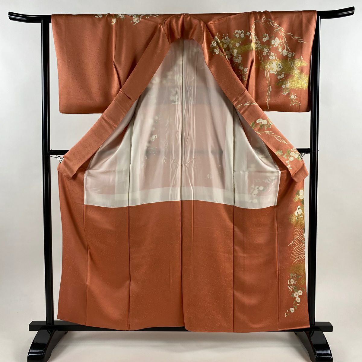 【美品】訪問服 身長160cm 袖長64.5cm M 雙層 秋草 波 金絲 金銀彩 鮭粉色 純蠶絲 秀品級